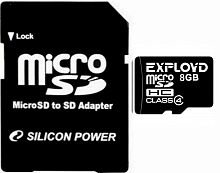 Карта памяти MicroSD 8 Gb Класс 4 Exployd адаптер - фото