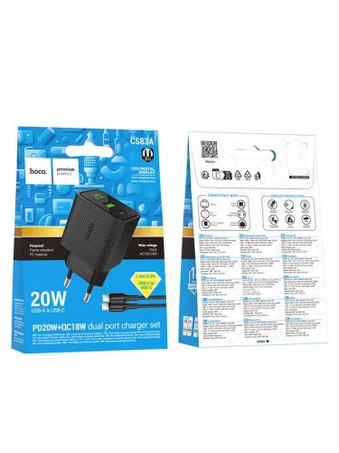СЗУ Type-C HOCO CS83A 3A PD20W QC3.0 кабель Type-C черный - оптовая продажа фото 6 СЗУ Type-C HOCO CS83A 3A PD20W QC3.0 кабель Type-C черный - фото фото 6