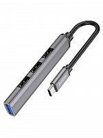 USB-разветвитель HOCO HB26 (Type-C на 4USB-порта) серый металл - фото