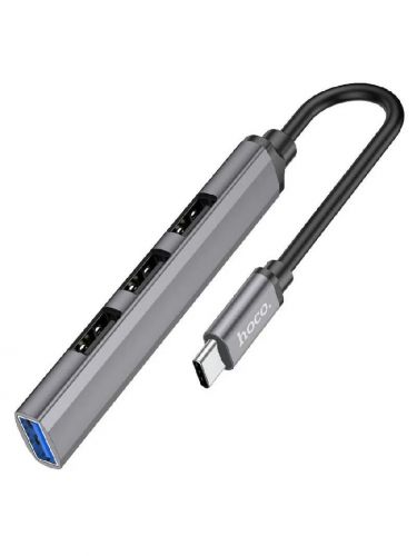 USB-разветвитель HOCO HB26 (Type-C на 4USB-порта) серый металл - фото