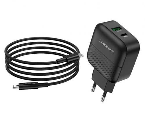 СЗУ USB 3.0A USB+Type-C порт BOROFONE BA46A PD+QC3.0 18W кабель Lightning 8Pin черный - фото фото 2