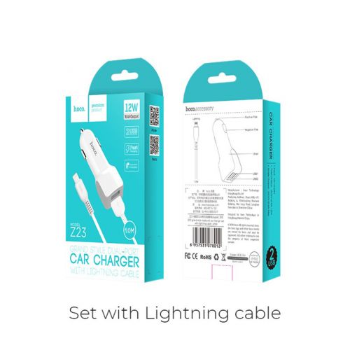 АЗУ USB 2.4A  2 USB порта HOCO Z23 кабель Lightning 8Pin белый - фото фото 2
