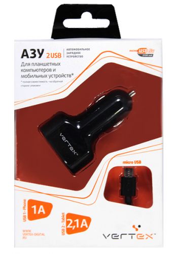 АЗУ micro USB 3.1А(2.1А+1A) 2USBпорта VERTEX черный Slim Line - оптовая продажа фото 2 АЗУ micro USB 3.1А(2.1А+1A) 2USBпорта VERTEX черный Slim Line - фото фото 2