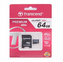 Карта памяти MicroSDХС 64GB Класс 10 Transcend PREMIUM адаптер - фото