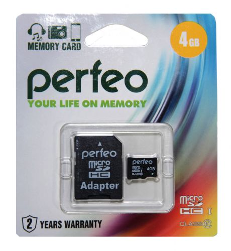Карта памяти MicroSD 4 Gb Класс 10 Perfeo High-Capacity адаптер - фото