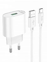 СЗУ USB 3.0A USB порт HOCO C109A Fighter PD20W кабель Type-C белый - фото