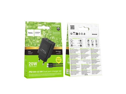 СЗУ Type-C HOCO CS94A 3A PD20W QC3.0 кабель Type-C черный - оптовая продажа фото 5 СЗУ Type-C HOCO CS94A 3A PD20W QC3.0 кабель Type-C черный - фото фото 5