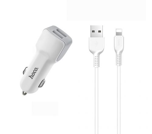 АЗУ USB 2.4A  2 USB порта HOCO Z23 кабель Lightning 8Pin белый - фото